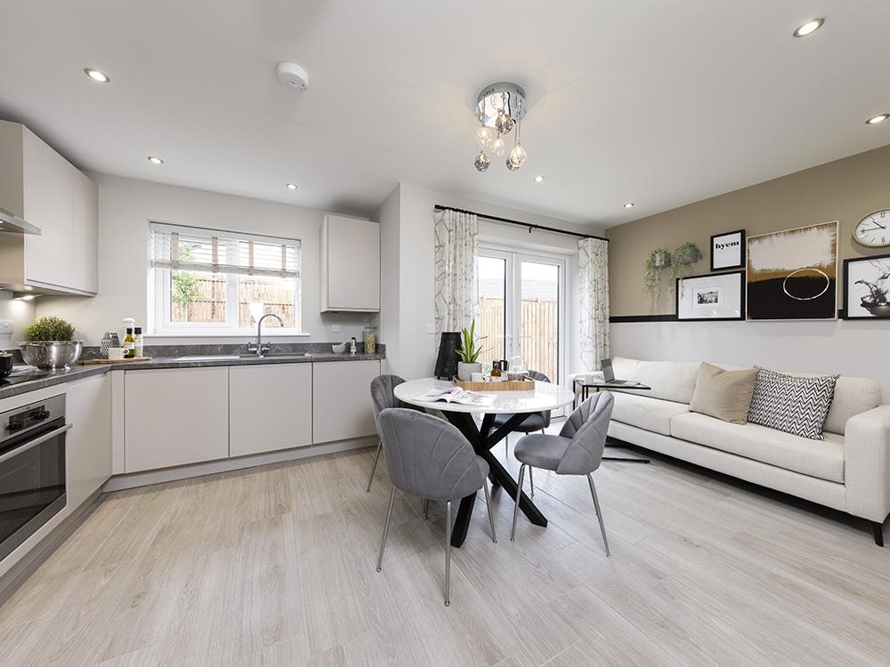 Kitchen/dining/family area with French doors to the garden