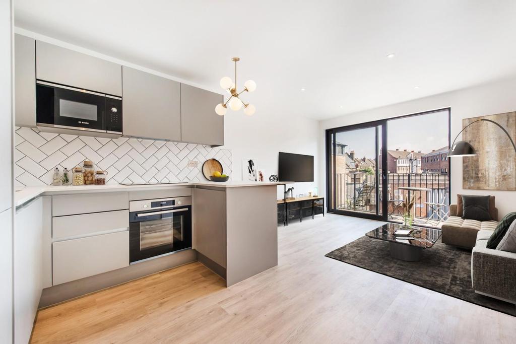 Virtual staged living room & kitchen for a 2 bedro