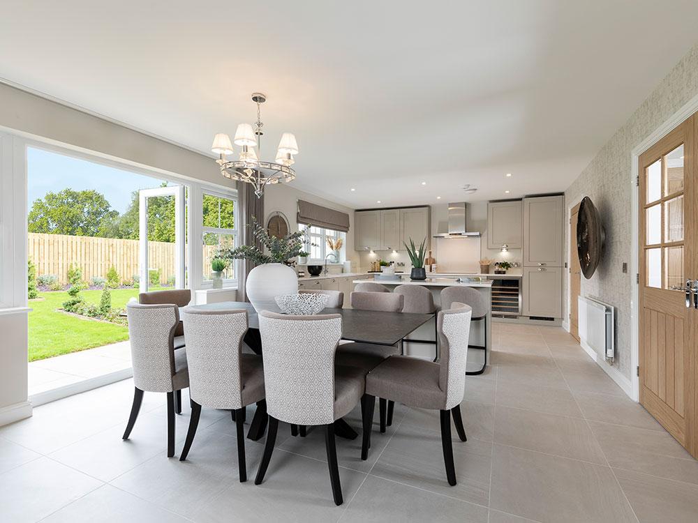 Spacious kitchen/family/dining area with French doors