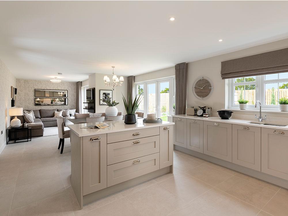 Spacious kitchen/family/dining area with French doors