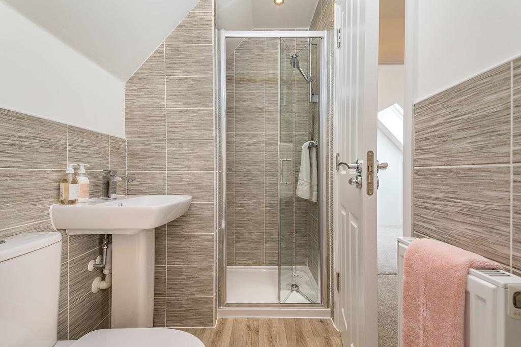 Internal image of the top floor shower room in the Hesketh Show Home at Canalside @ Wichelstowe, Swi