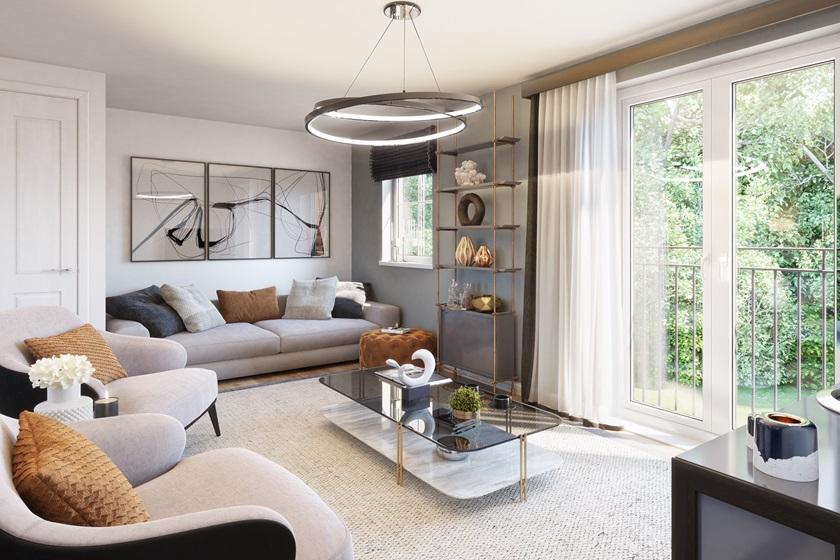 Living room with a juliet balcony and grey sofas