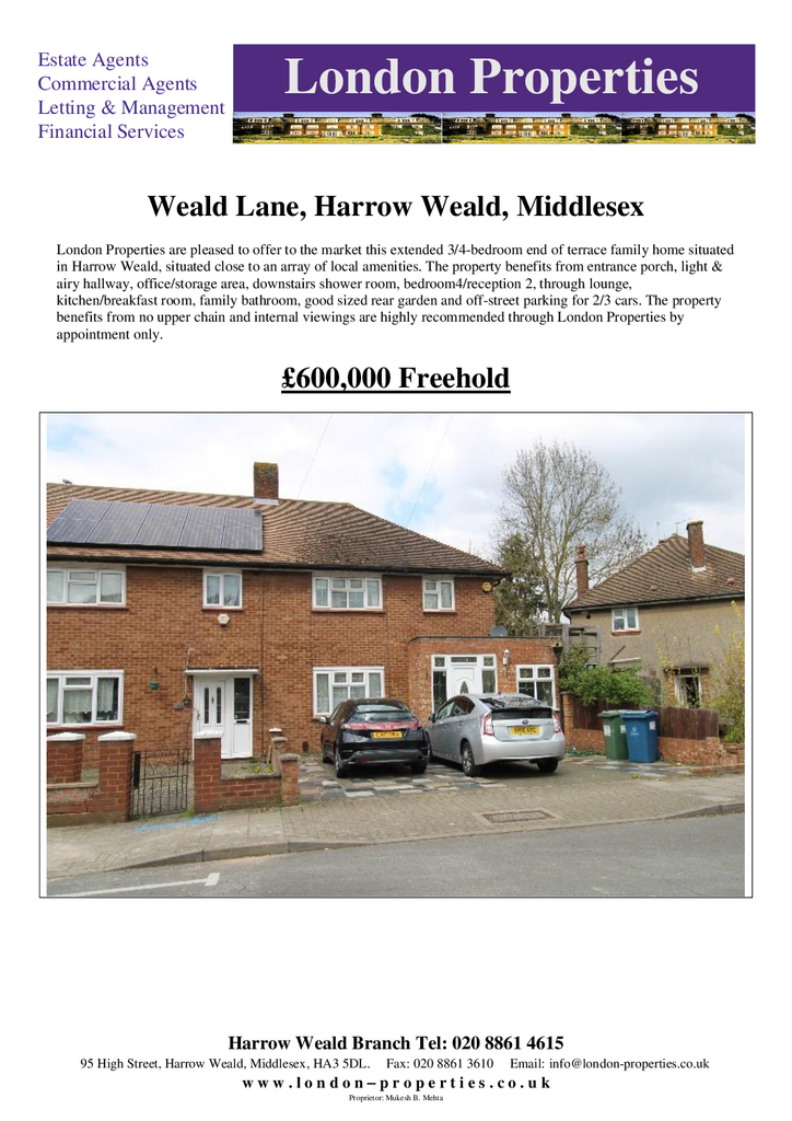 Harrow Weald, HA3 4 bed end of terrace house for sale £600,000