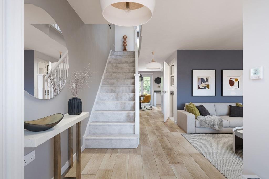 An open plan living area with space for storage