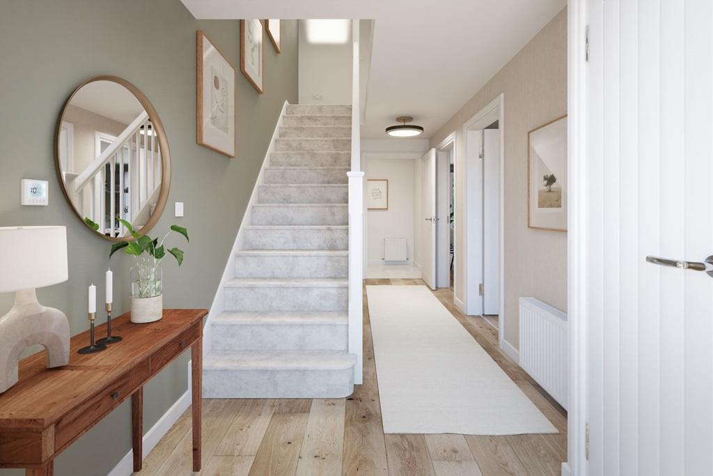 A welcoming hallway with under stairs storage