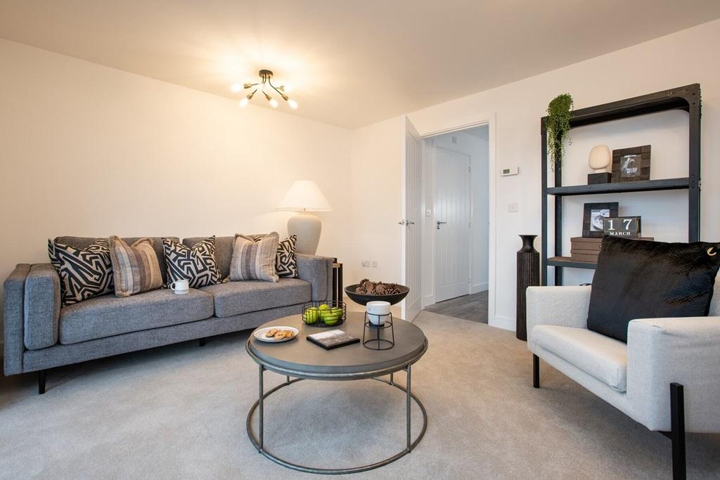 The living/dining area features double doors...
