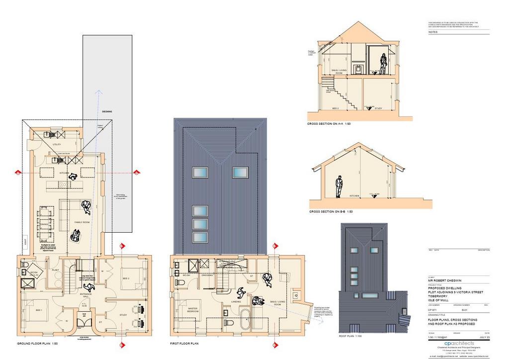 Floor Plans, sections and roof plan as proposed