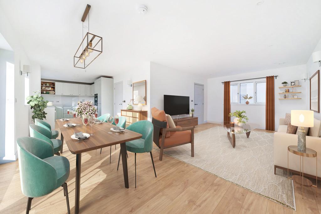 Living, dining and kitchen area