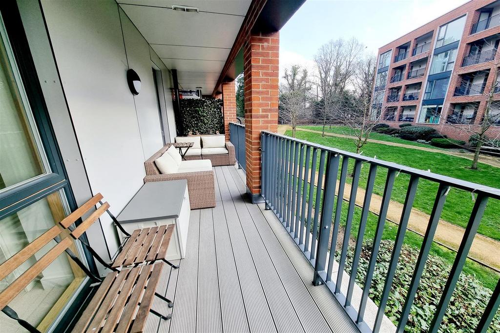 Long balcony overlooking the communal gardens: