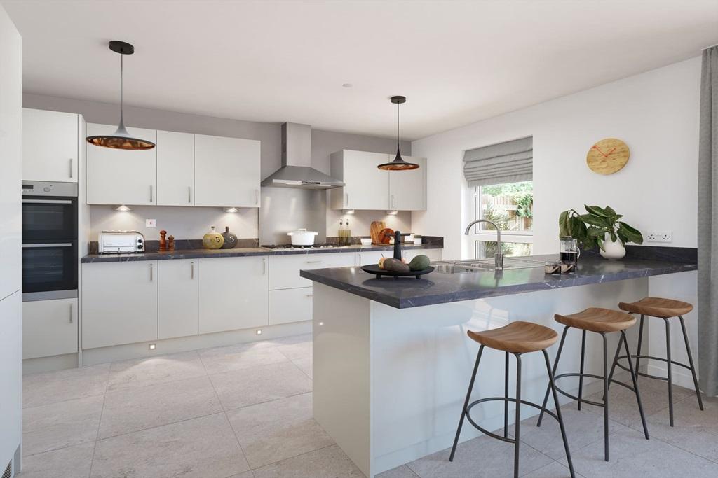 Modern kitchen with ample storage and sociable...