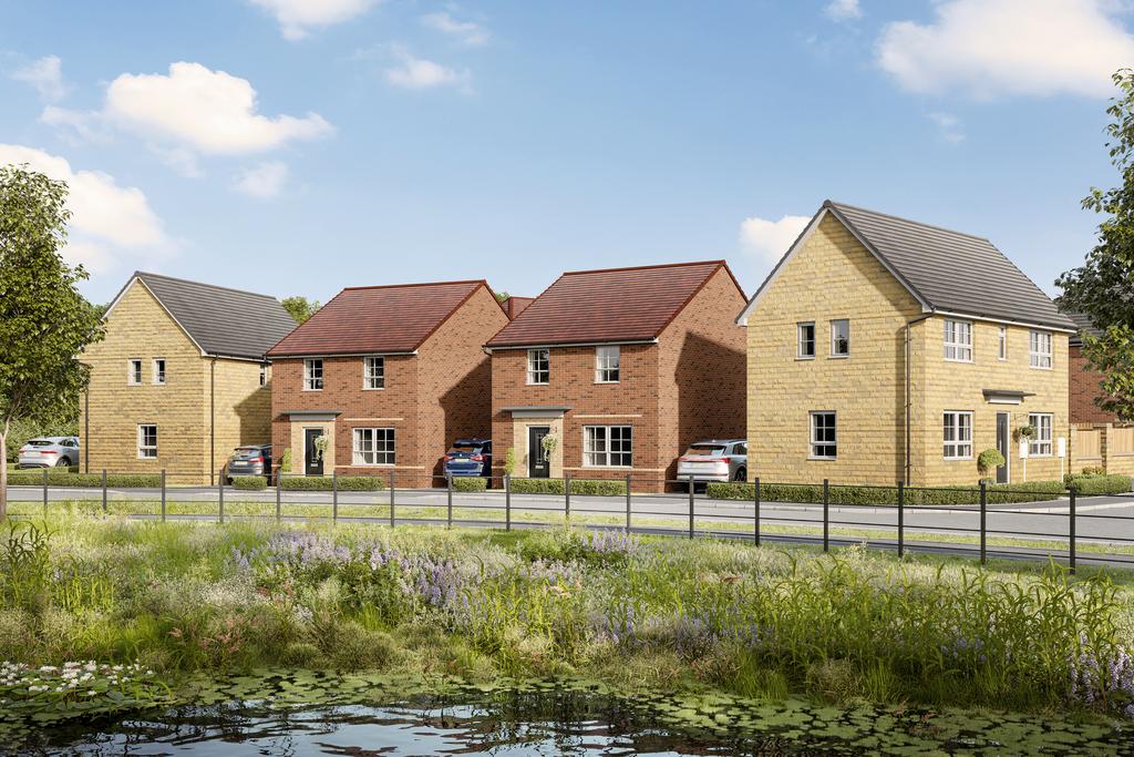 CGI view of homes overlooking pond at Grey...