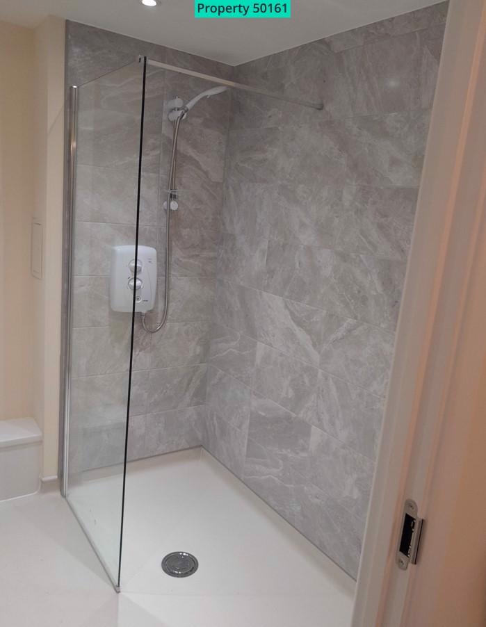 Flat floor shower with screen