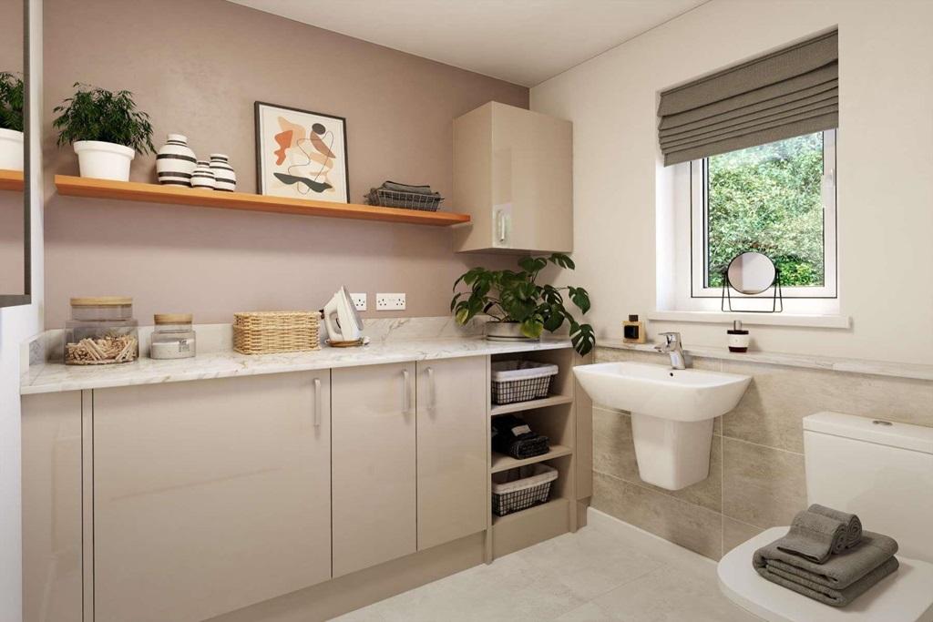 A utility room adds convenience