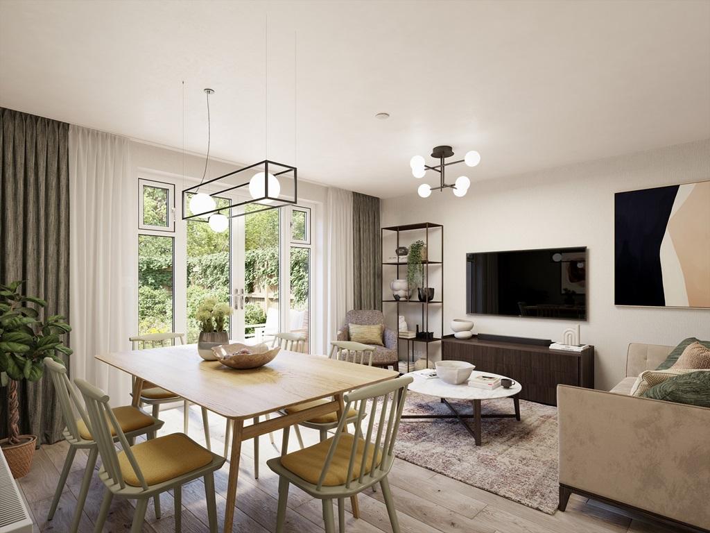 The living/ dining area features double doors...