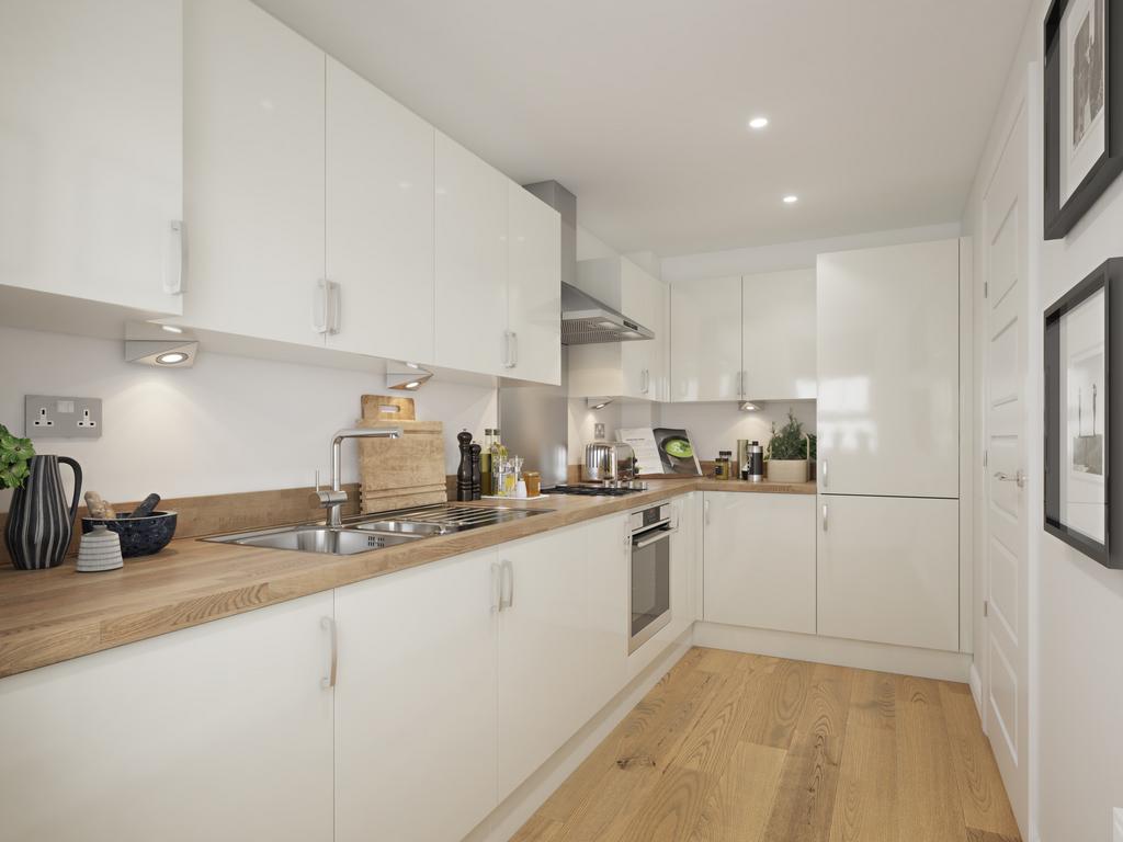 Kitchen with white cabinets internal view