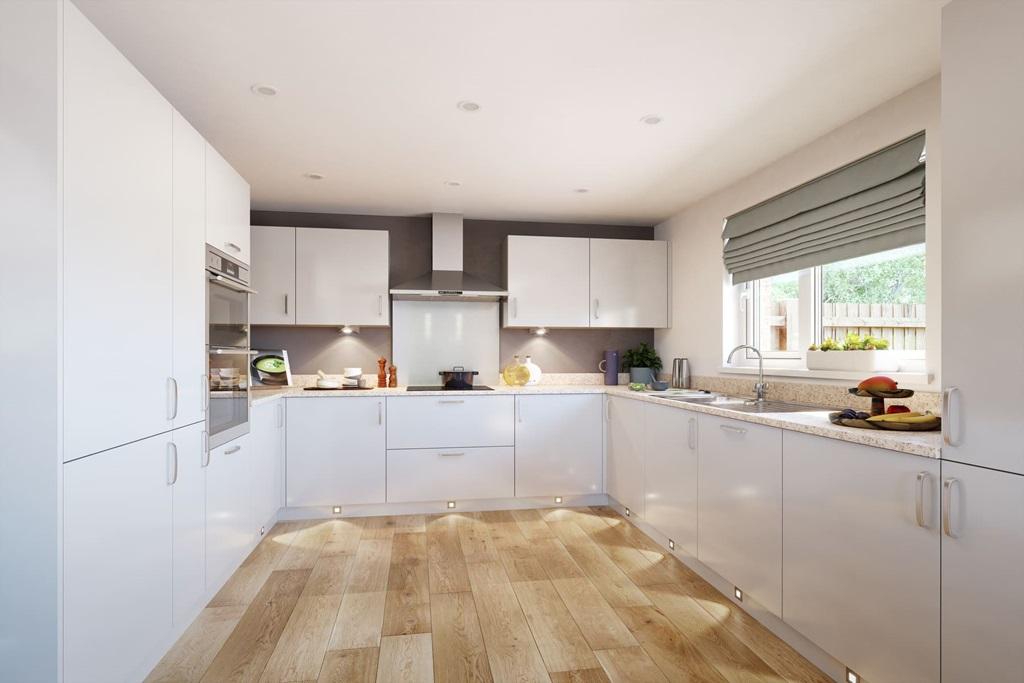 The kitchen features ample storage