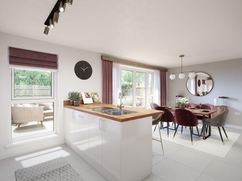 The open plan layout features double doors to...