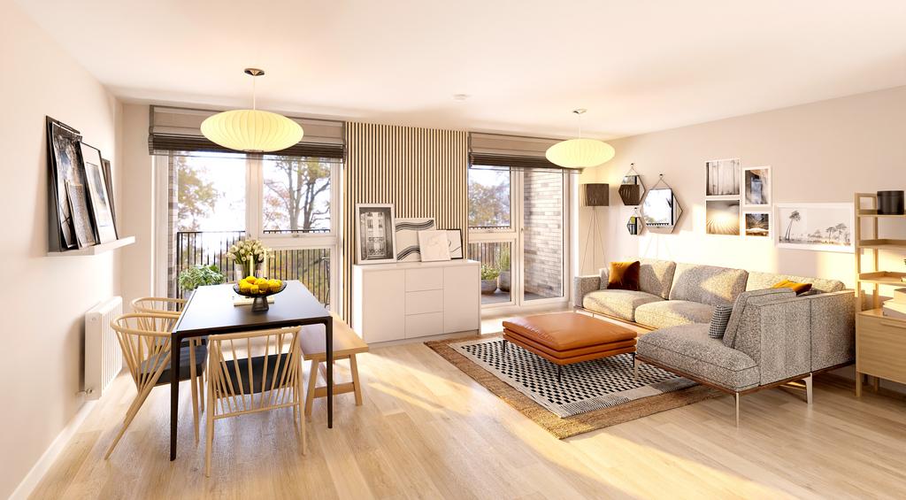 CGI of Apartment B living and dining area