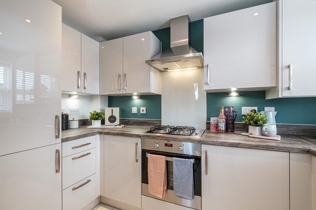 Kitchen with green feature walls and shiny...