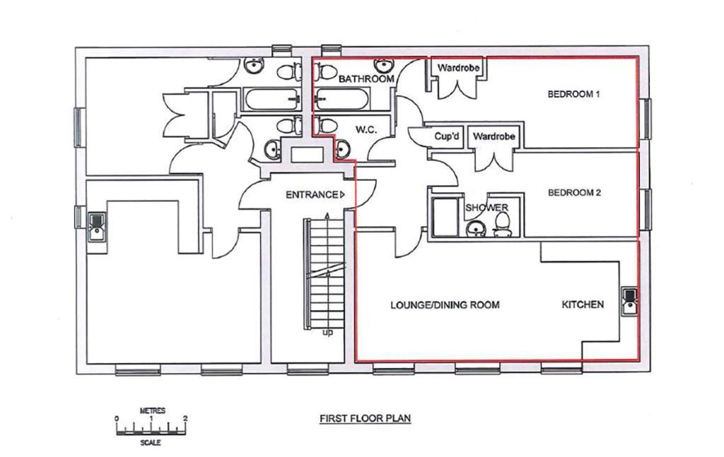 Second floor plan with 2 bed edged in red