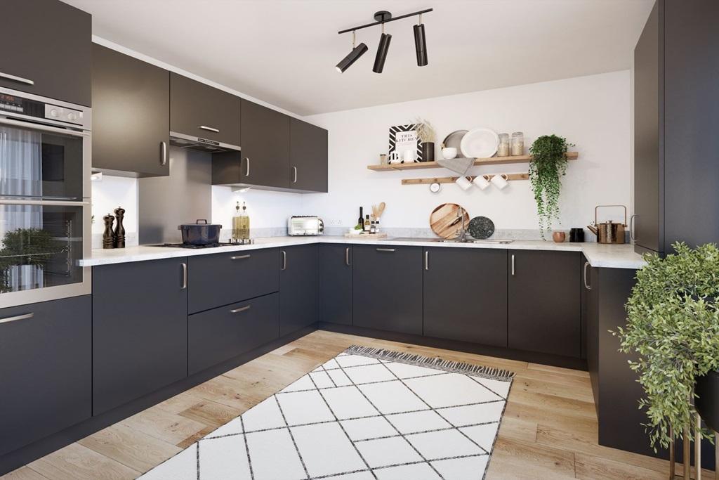 A modern kitchen with ample storage space