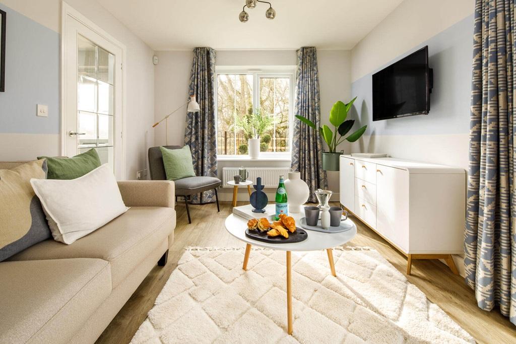 A bright and airy lounge offers space to unwind