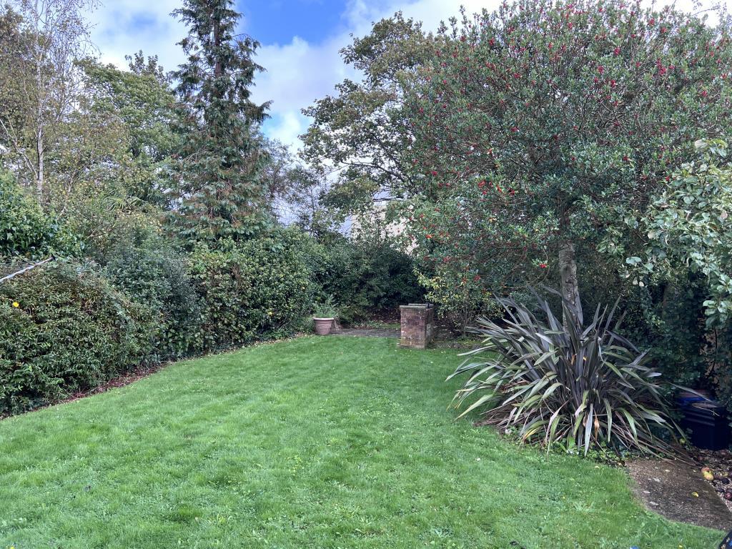 Garden with grass lawn and shrubs to side