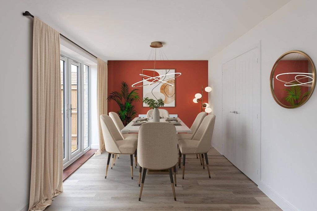 An open plan dining area also features double...