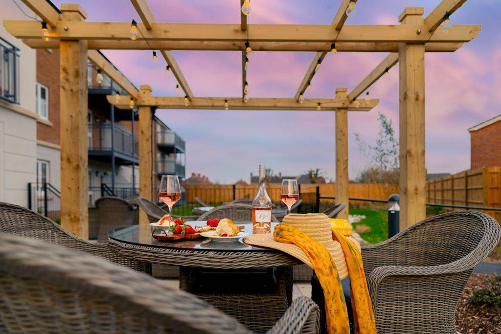 Patio at sunset   Casterbridge Court