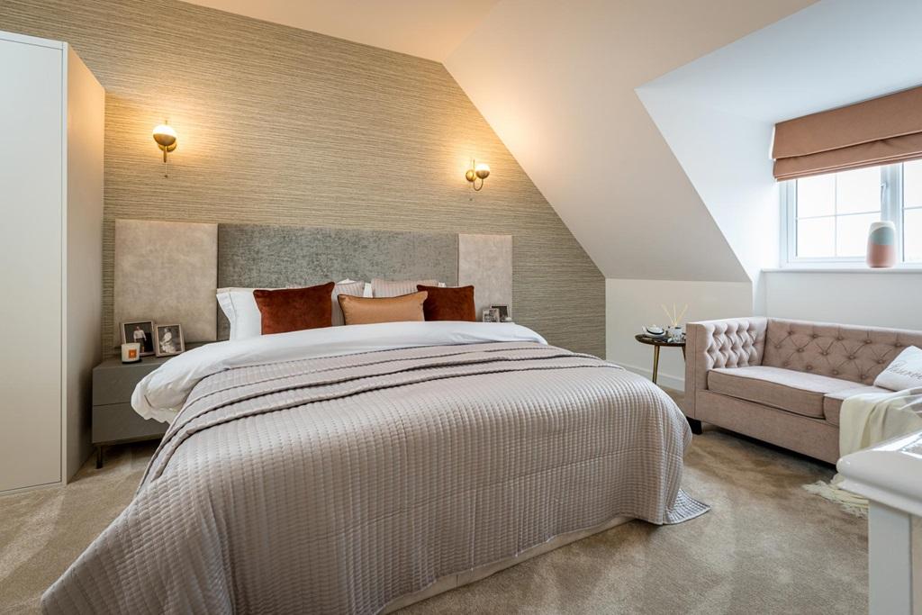 Tall ceilings complement the spacious main bedroom