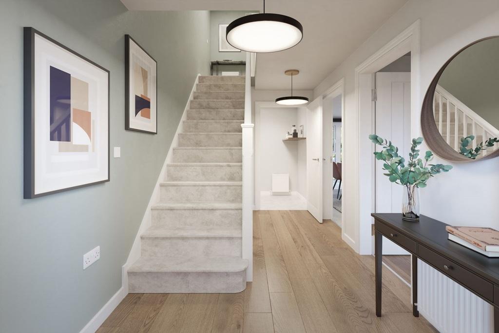 A welcoming hallway with under stairs storage