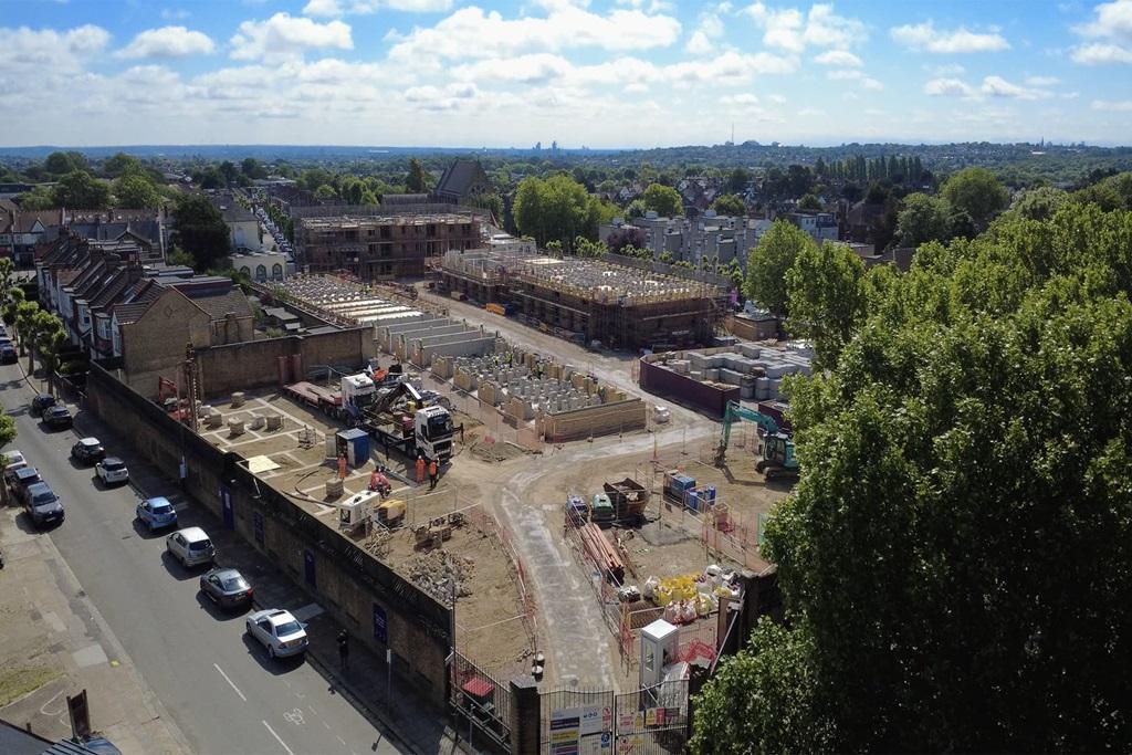 An aerial view capturing The Tramworks...