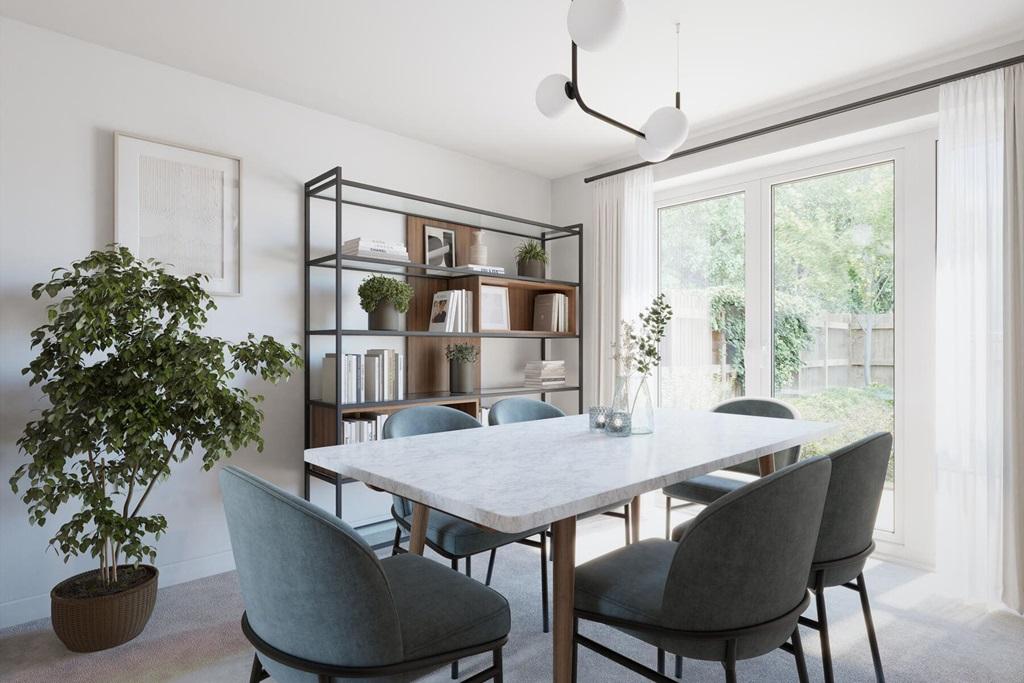 Double doors to the garden floods the dining...