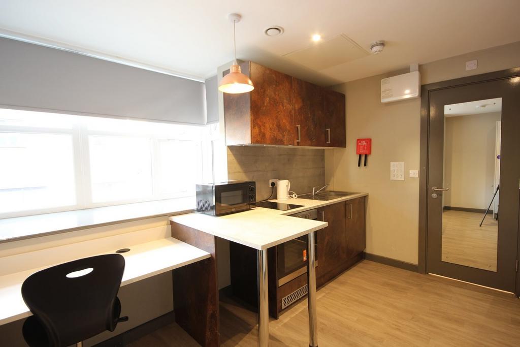 A modern and tidy kitchenette with ample natura...