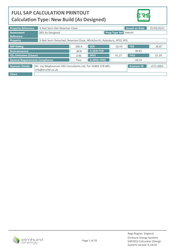 Full SAP Calculation 3 Bed Semi Det Newman Close 0