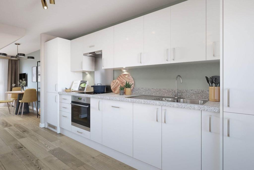 The kitchen features ample storage