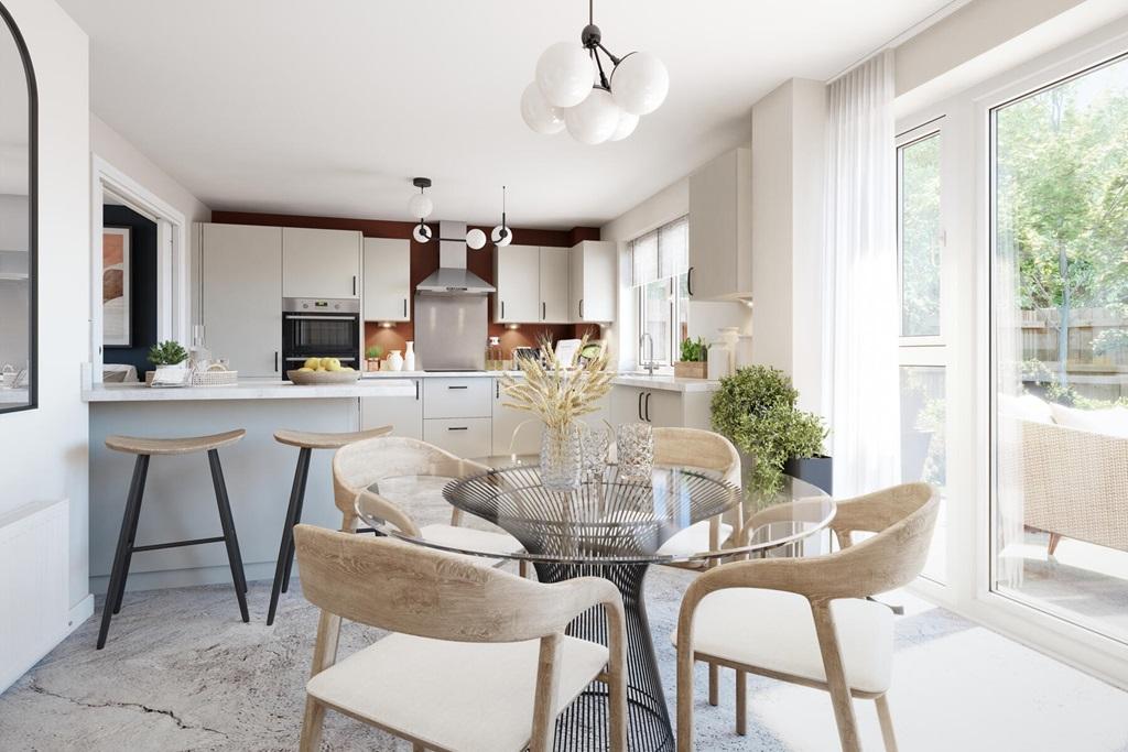 A modern kitchen and dining area with French...