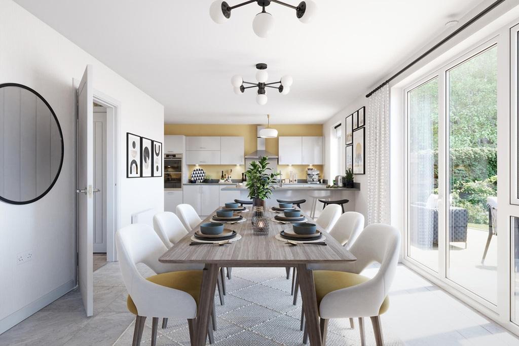 A sociable dining area with French doors to the...