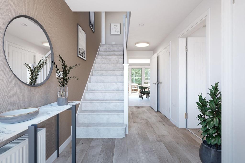 A welcoming hallway with under stairs storage