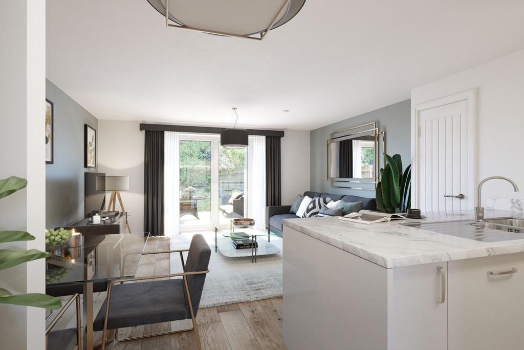 The open plan living area beams with natural light