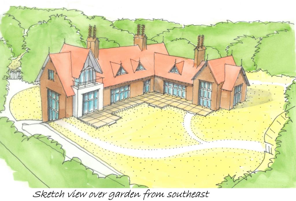 Sketch view over garden from southeast 2