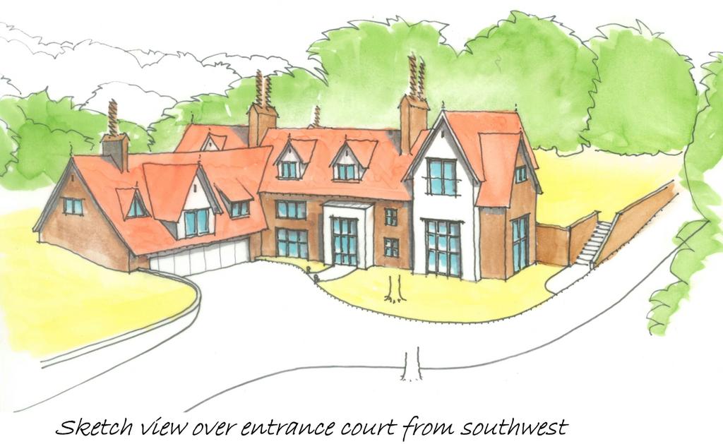 Sketch view over entrance court from southwest 2