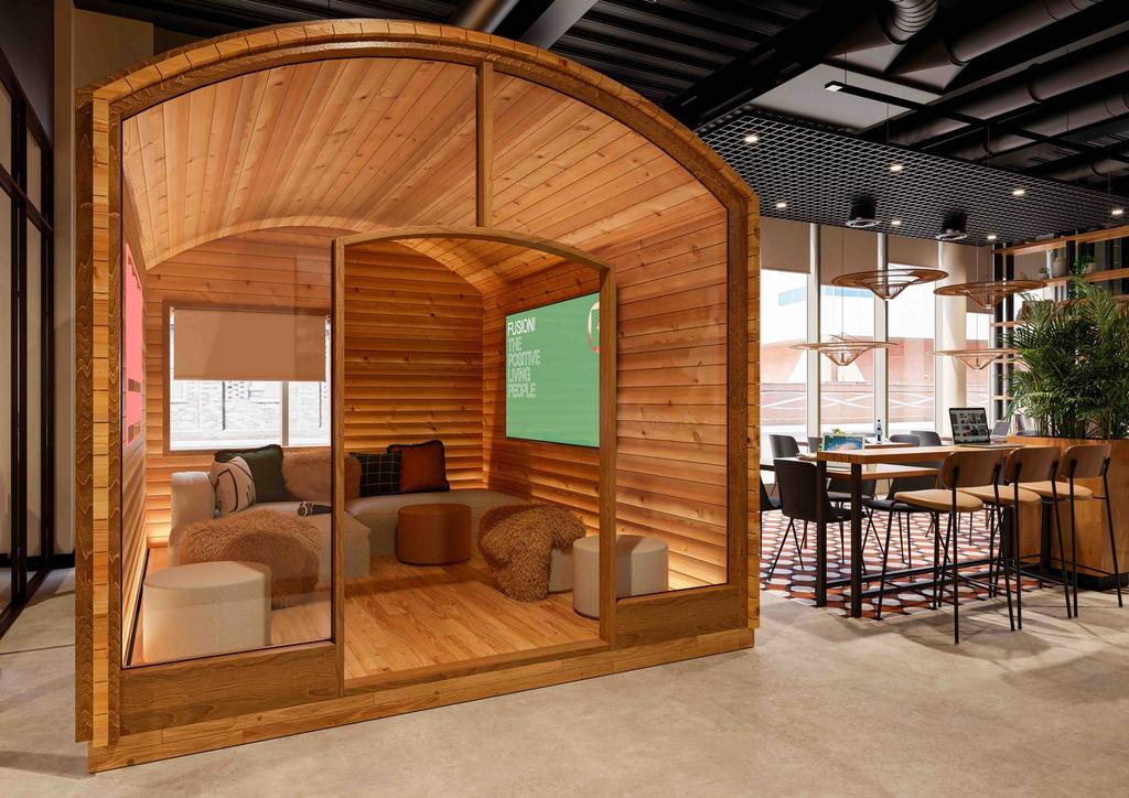 A modern and inviting communal workspace design...