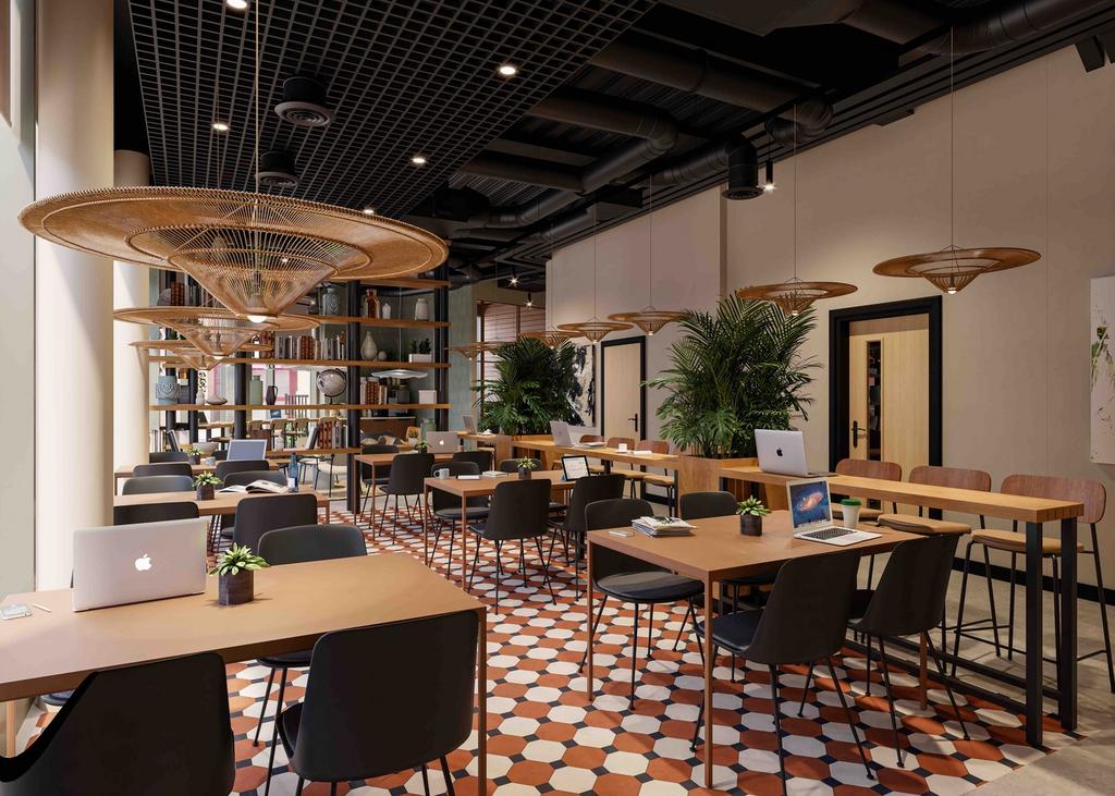 A modern and spacious communal workspace design...