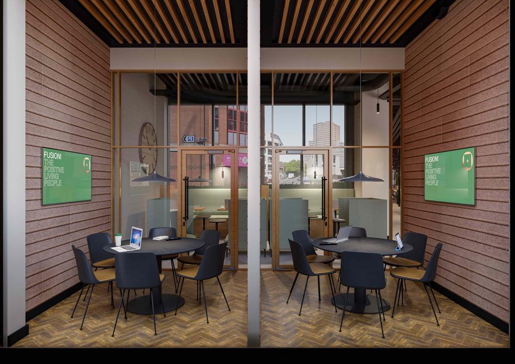 A modern and inviting communal workspace design...