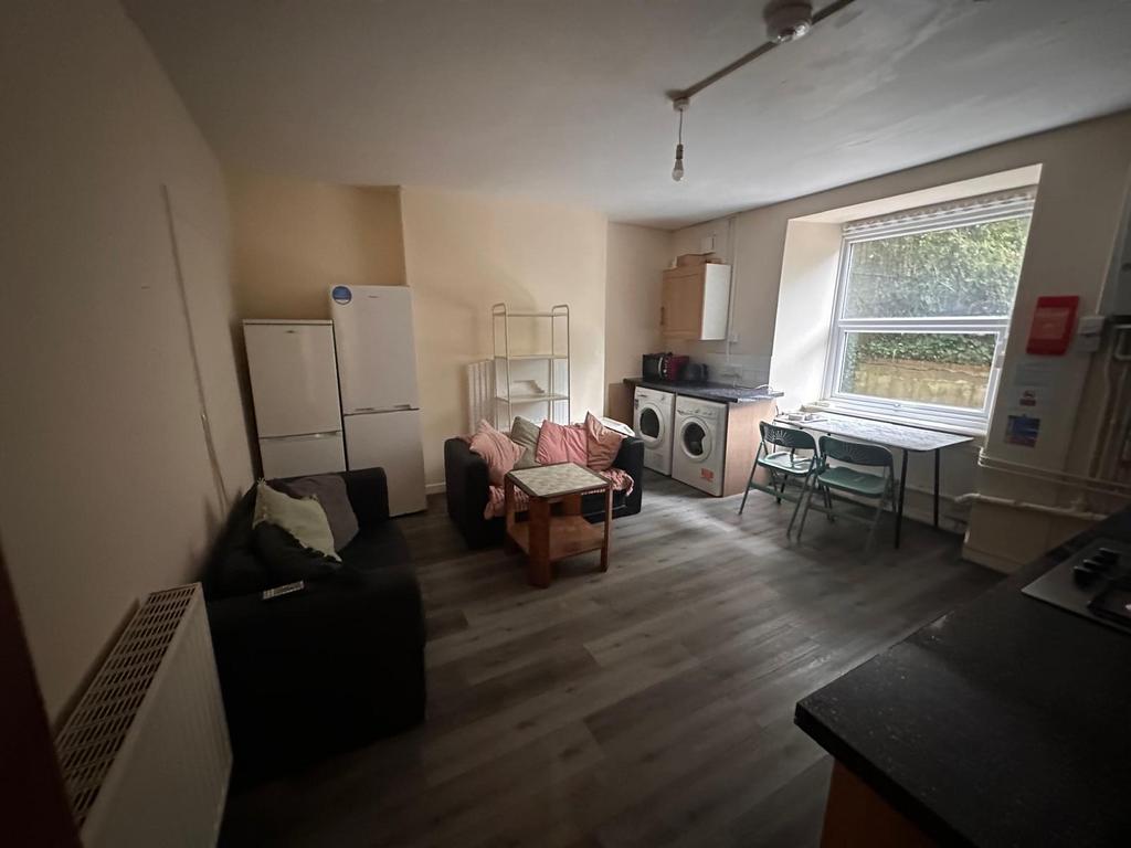 Open-plan living area with two comfortable sofa...