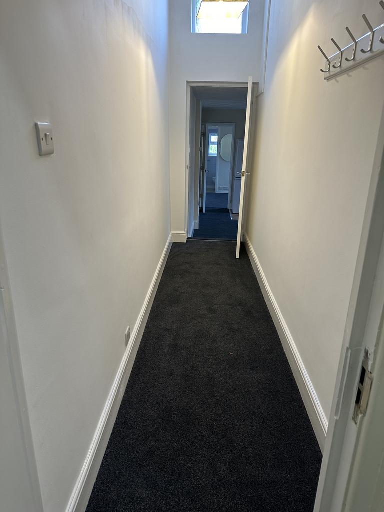 A well-maintained hallway with a clean carpet, ...