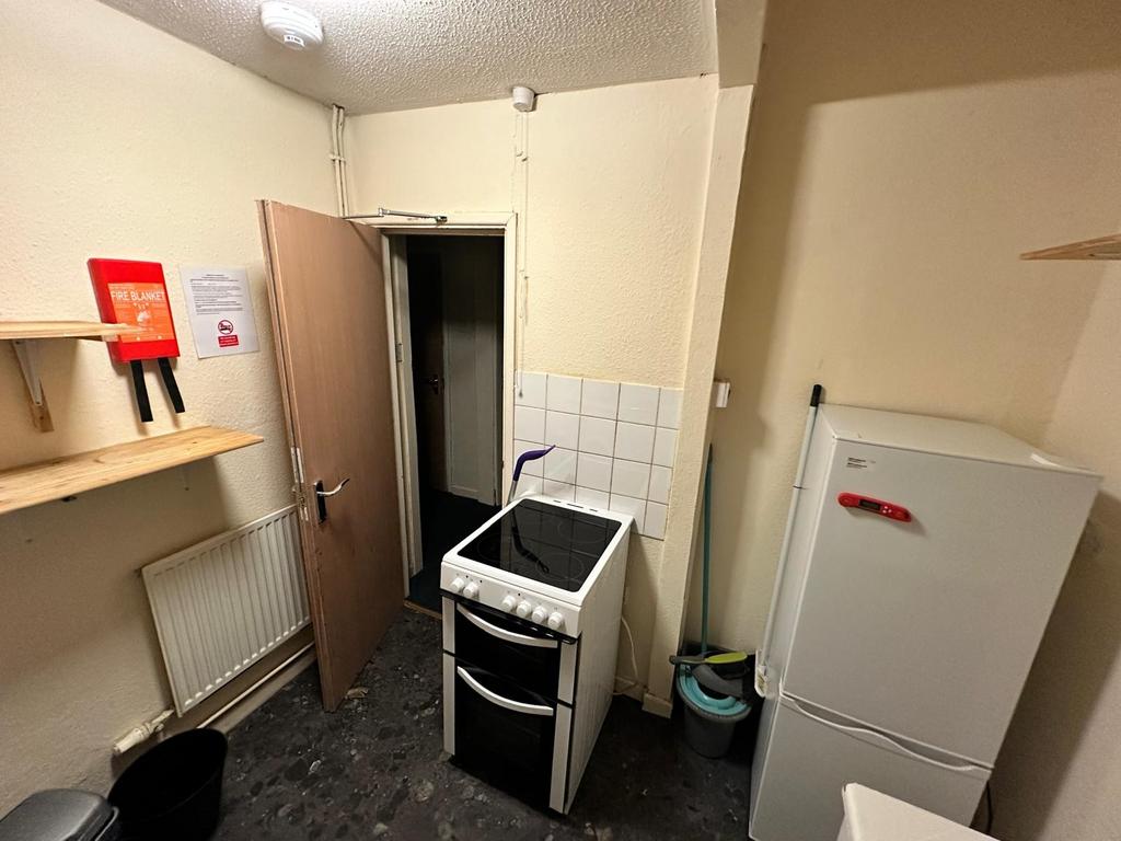 Compact communal kitchen with freestanding elec...