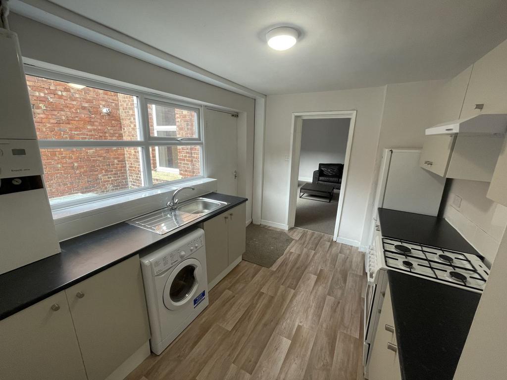 Bright galley kitchen with a long countertop, i...