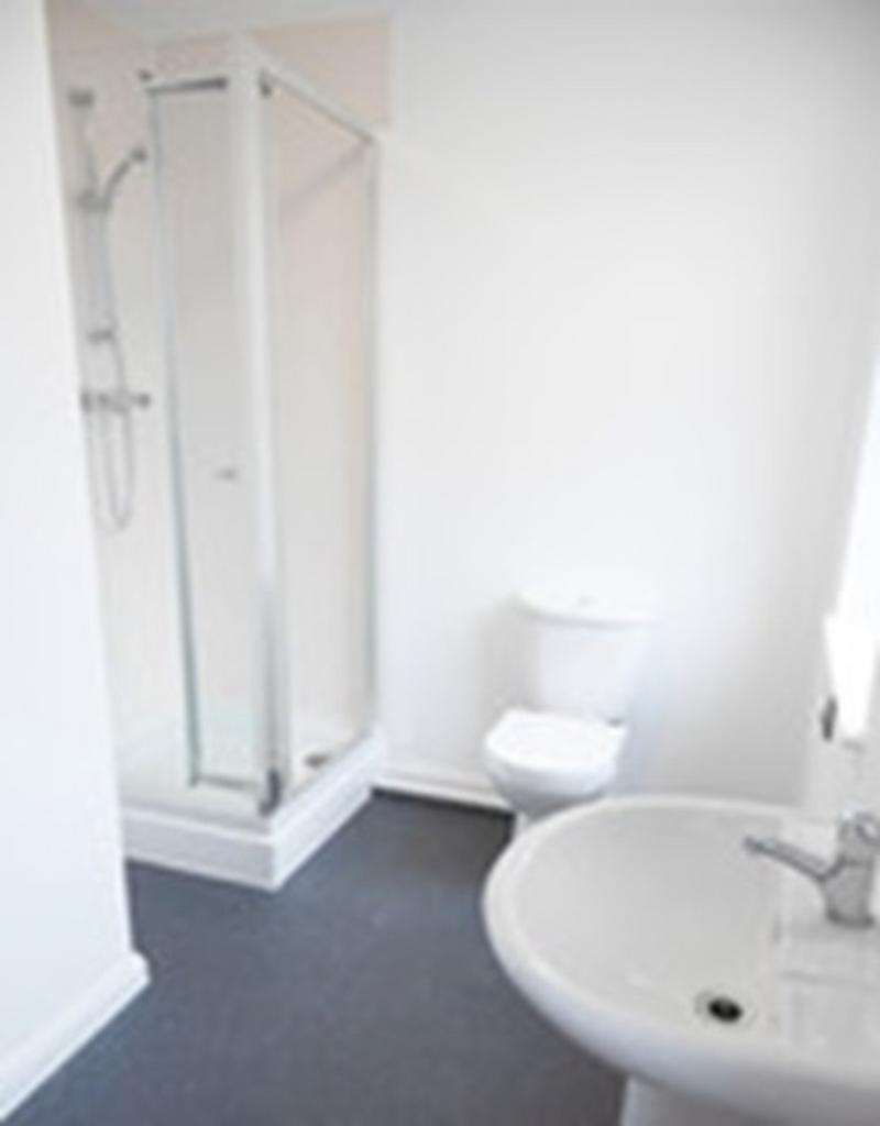 A bright and tidy bathroom featuring a shower a...